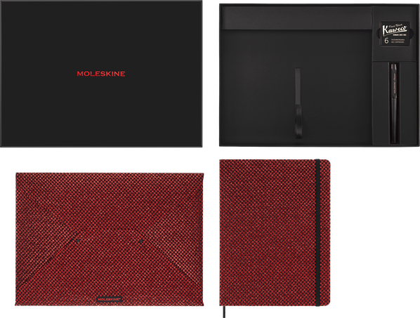 Shine コレクターズボックス レッド ノートブック XL 罫線 ハードカバー レッド エンヴェロープ Kaweco（カヴェコ）万年筆（ブラック）, Metallic Red - 横