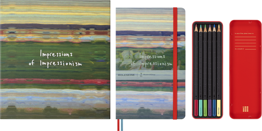Impressions of Impressionism ドローイングギフトボックス ラージ、無地、ファブリック製ハードカバー付きノートブック、水彩色鉛筆6本 - 横